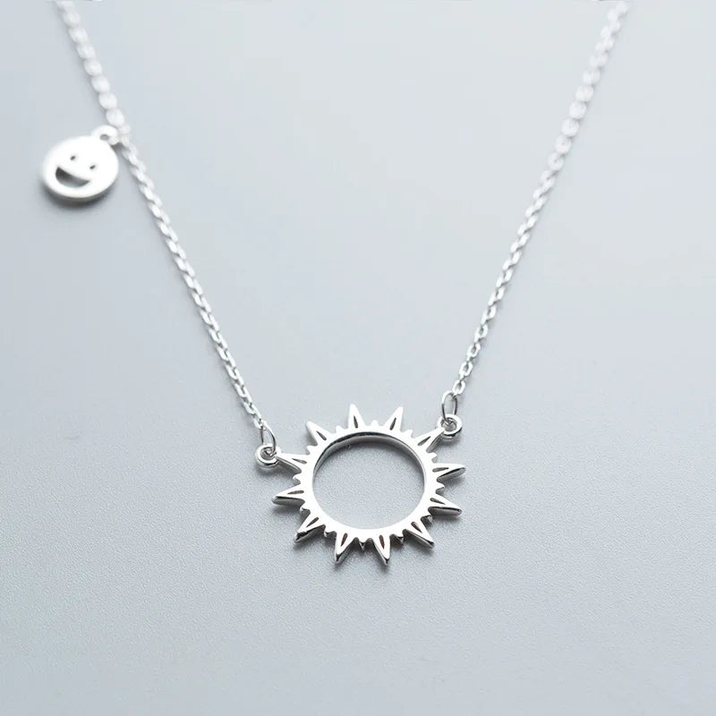S925 Sterling Silver Sun Smiley Face Necklace for Female