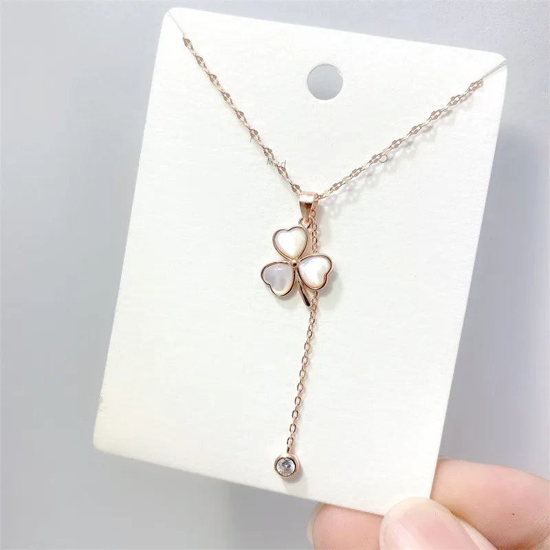 S925 Sterling Silver Clover Necklace with Zircon and Mother-of-Pearl