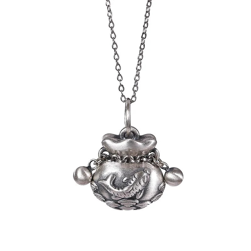 S990 Retro Matte Carp Blessing Bag Purse Ladies Sterling Silver Pendant