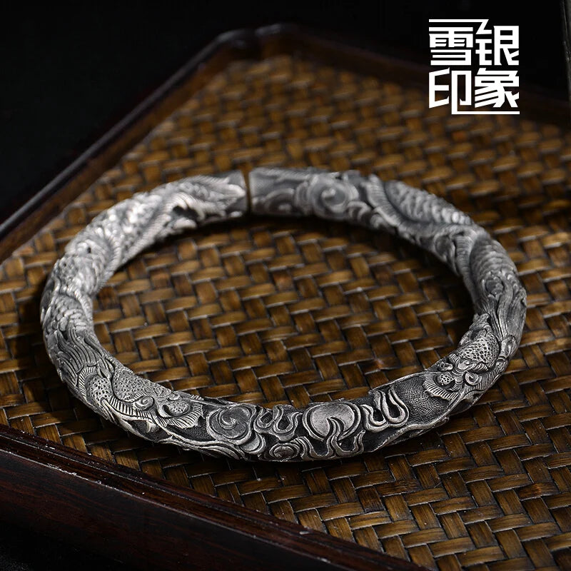 Yunnan Snow Silver Double Dragon Retro Silver Bracelet