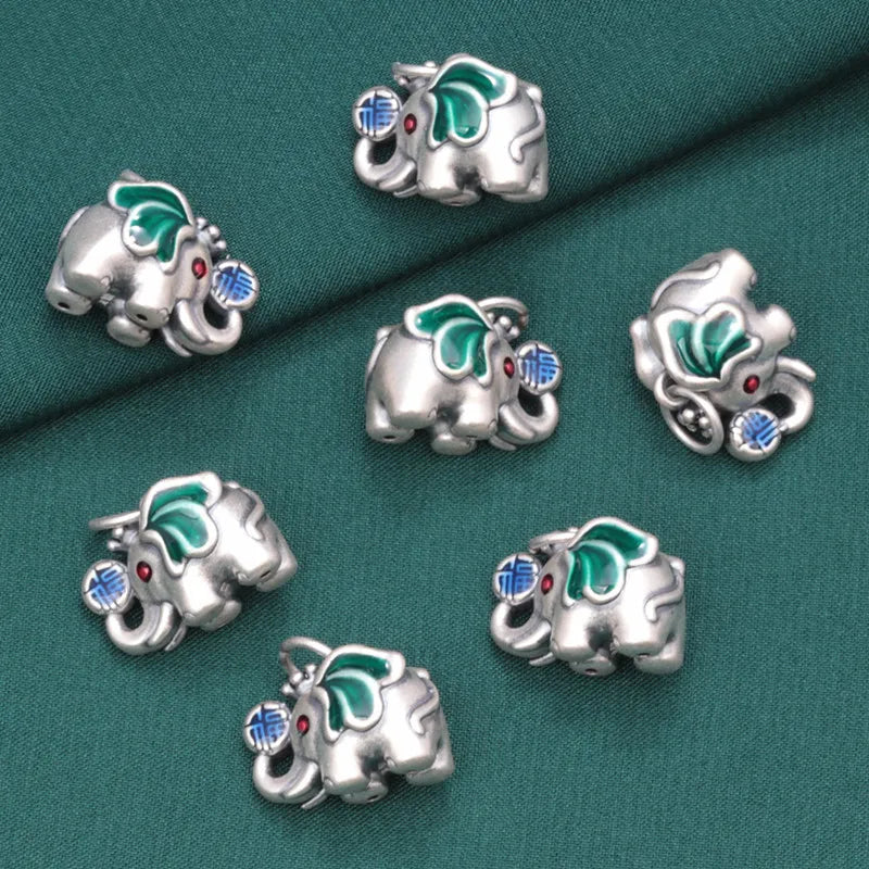 S999 Pure Silver Enamle Elephant Pendants for Women Ethnic Jewelry Making
