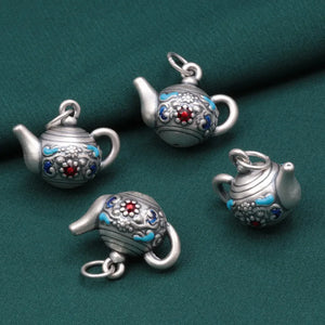 S999 Pure Silver Teapot Pendant Ethnic Retro DIY Jewelry Making Bead