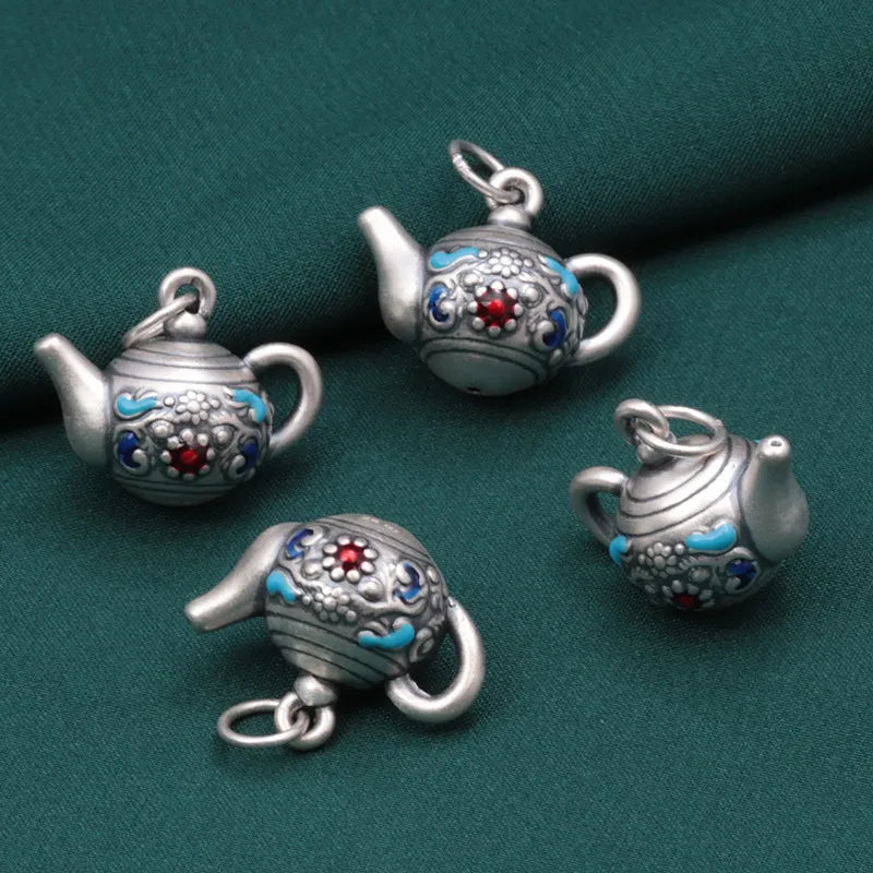 S999 Pure Silver Teapot Pendant Ethnic Retro DIY Jewelry Making Bead