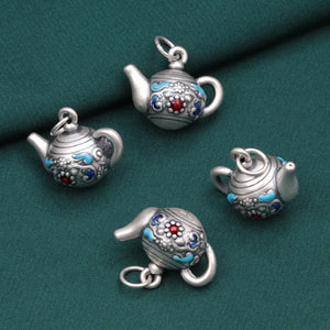 S999 Pure Silver Teapot Pendant Ethnic Retro DIY Jewelry Making Bead