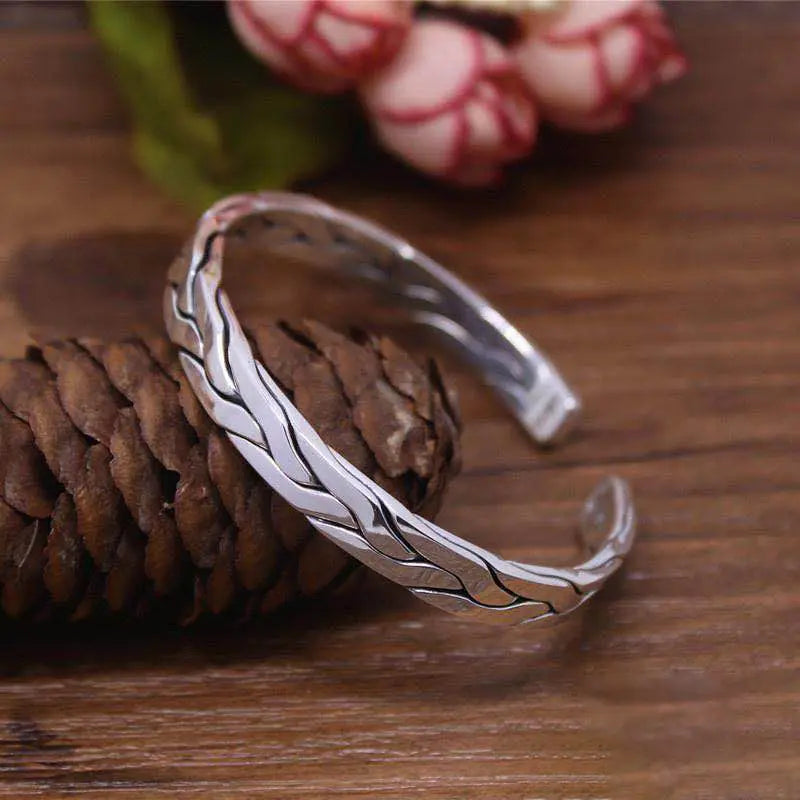 S999 Sterling Silver Bangle Handwoven Twist Bracelet for Couples
