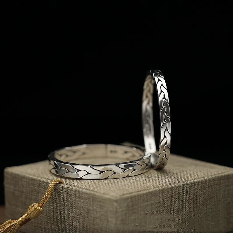S999 Sterling Silver Bangle Handwoven Twist Bracelet for Couples