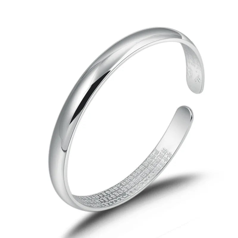 S999 Sterling Silver Bangle for Women, Ethnic Frosted Face Opening Adjustment
