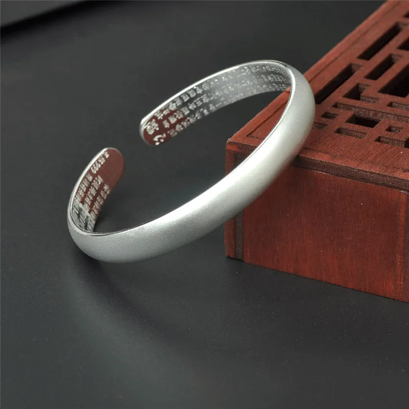 S999 Sterling Silver Bangle for Women, Ethnic Frosted Face Opening Adjustment