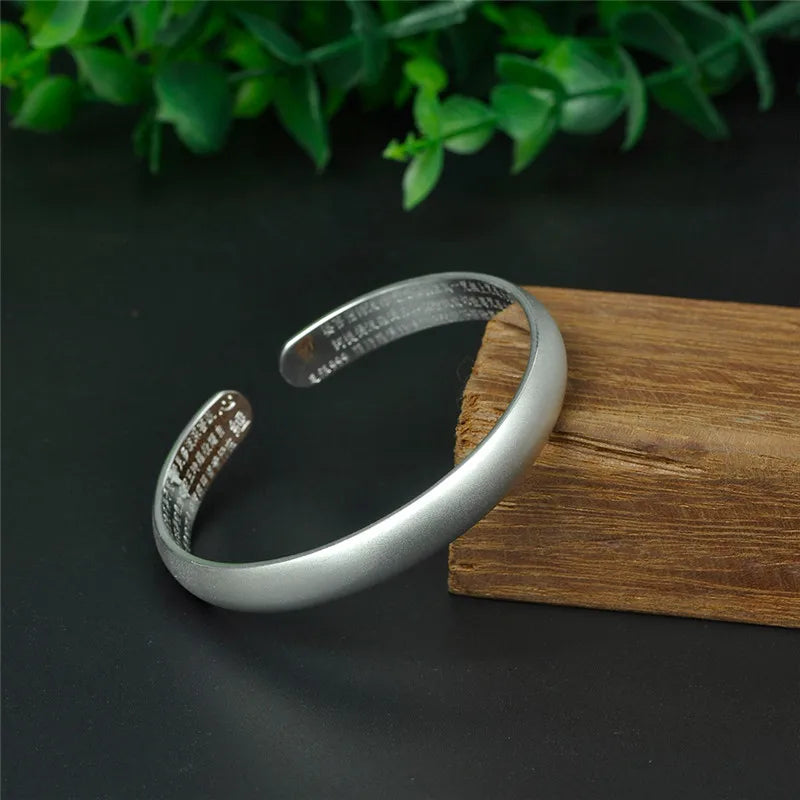 S999 Sterling Silver Bangle for Women, Ethnic Frosted Face Opening Adjustment