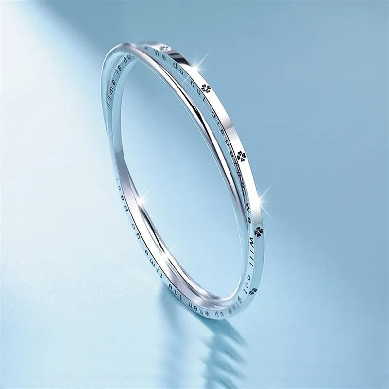 S999 Sterling Silver Bracelet for Women, Double Ring Clover Jewelry Gift