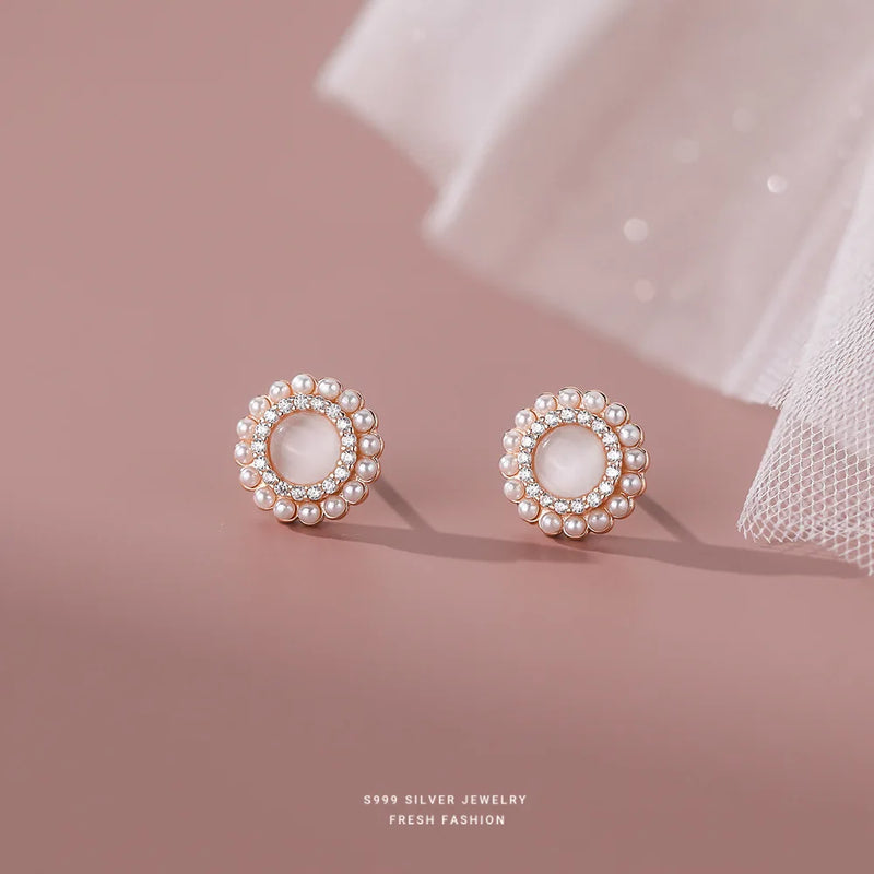 S999 Opal Zircon Pearl Flower Stud Earrings for Women