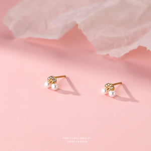 S999 Silver Zircon Pearl Cherry Stud Earring Women Jewelry