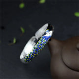 S999 Enamel Peacock Heart Sutra Bracelet - Pure Silver