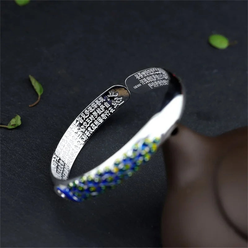 S999 Enamel Peacock Heart Sutra Bracelet - Pure Silver