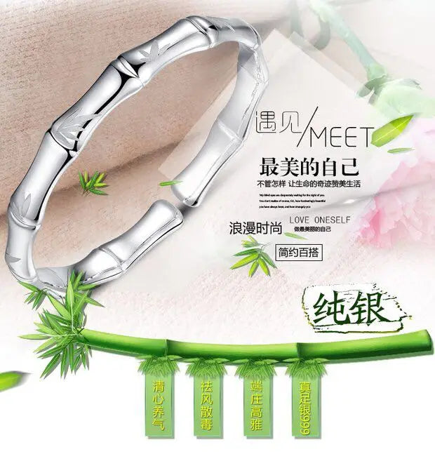 S999 Silver Ancient Bamboo Open Bracelet for Bestie or Girlfriend