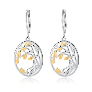 925 Silver Tree of Life Drop Earrings Yellow Brincos
