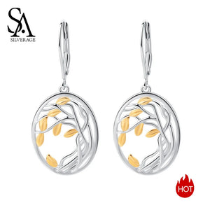 925 Silver Tree of Life Drop Earrings Yellow Brincos