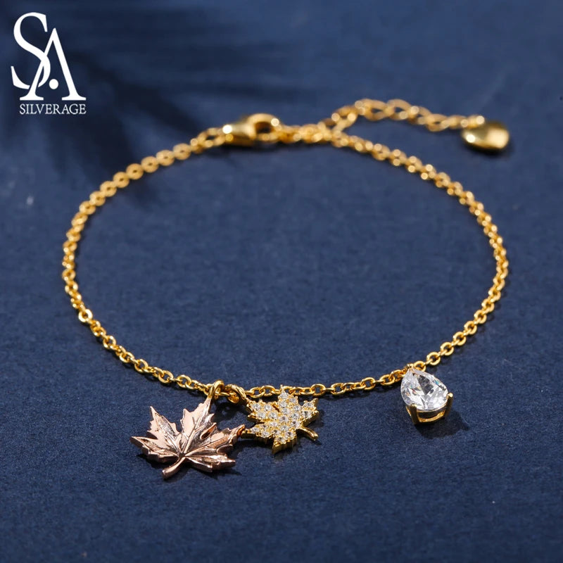 925 Silver Bracelet Yellow Maple Leaf Women Bangle Jewelry