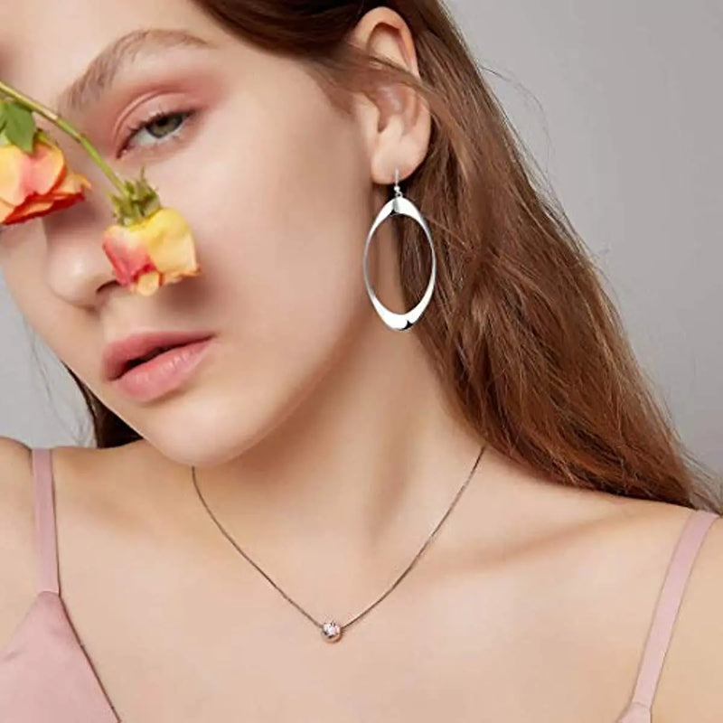 925 Silver Twisted Hoop Earrings Oval Dangle Drop For Women