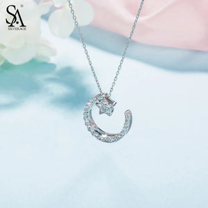 925 Silver Moon Star Pendant Necklace Choker Fine Jewelry
