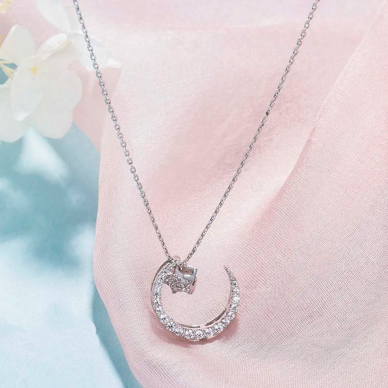 925 Silver Moon Star Pendant Necklace Choker Fine Jewelry