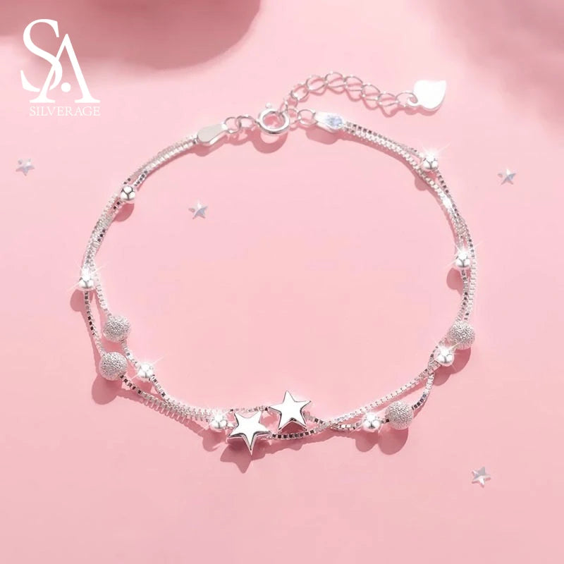 925 Silver Two-layer Star Bracelet Women Link Adjustable