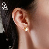 925 Silver Yellow Maple Leaf Stud Earrings Zirconia Asymmetry Earrings