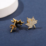 925 Silver Yellow Maple Leaf Stud Earrings Zirconia Asymmetry Earrings