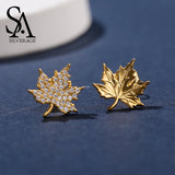 925 Silver Yellow Maple Leaf Stud Earrings Zirconia Asymmetry Earrings
