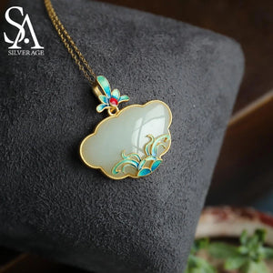 Chinese Wind Burns Silver Magnolia Flower Hetian Jade Pendant Ruyi Necklace