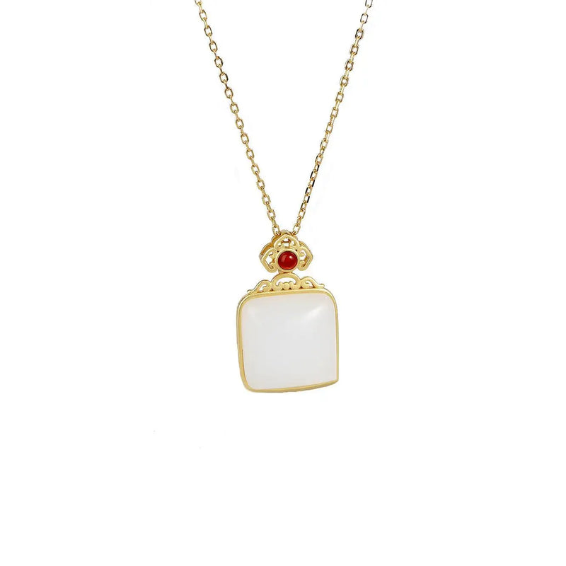 S925 Sterling Silver Necklace with Hetian Jade Square Pendant
