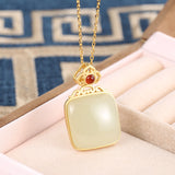 S925 Sterling Silver Necklace with Hetian Jade Square Pendant