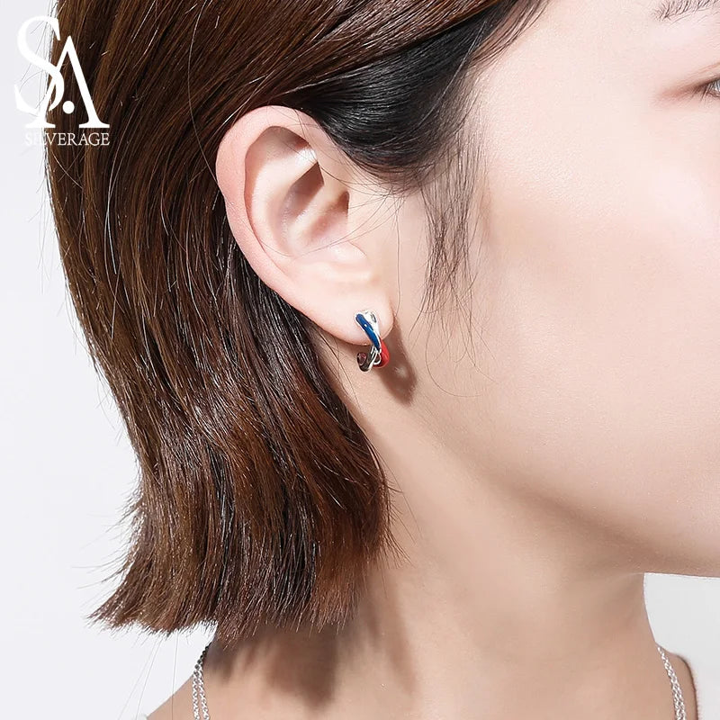 925 Silver Europa Stud Earrings Blue/Red Stripe Gift for Woman