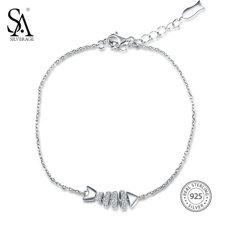 925 Silver Rhinestones Fishbone Charm Bracelet