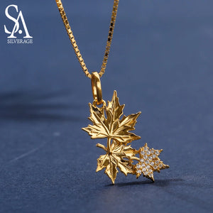 925 Silver Yellow Maple Leaf Pendant Necklace with Zirconia