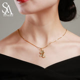 925 Silver Yellow Maple Leaf Pendant Necklace with Zirconia