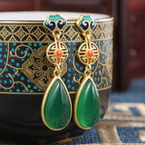 S925 Pure Silver Green Water Drop Earrings National Wind