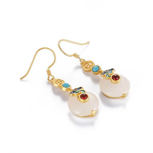 S925 Pure Silver Hetian Jade Earrings Female Retro Style Auspicious Cloud