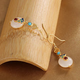 S925 Pure Silver Hetian Jade Earrings Female Retro Style Auspicious Cloud