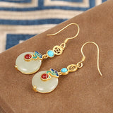 S925 Pure Silver Hetian Jade Earrings Female Retro Style Auspicious Cloud