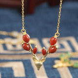 S925 Deer Necklace Rice Grain Hetian Jade Red Agate Sapphire Elk Pendant
