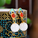 Sterling Silver Jade Earrings Retro Style Agate National Court Round