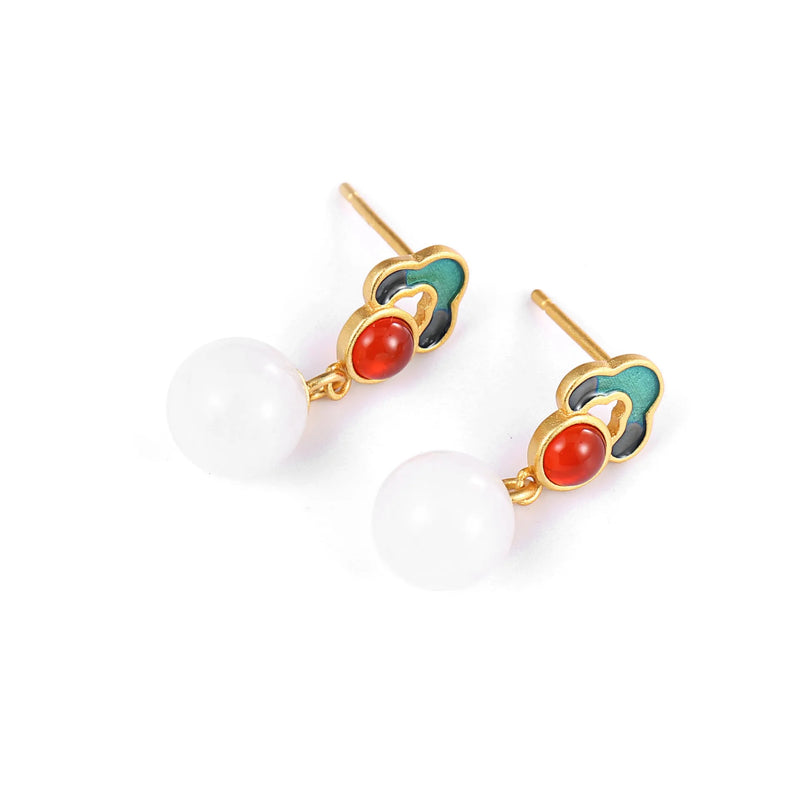 Sterling Silver Jade Earrings Retro Style Agate National Court Round