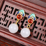 Sterling Silver Jade Earrings Retro Style Agate National Court Round