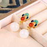 Sterling Silver Jade Earrings Retro Style Agate National Court Round