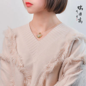 Sterling Silver Magnolia Flower and Hetian Jade Pendant Ruyi Necklace