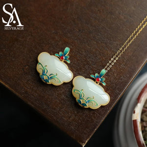 Sterling Silver Magnolia Flower and Hetian Jade Pendant Ruyi Necklace