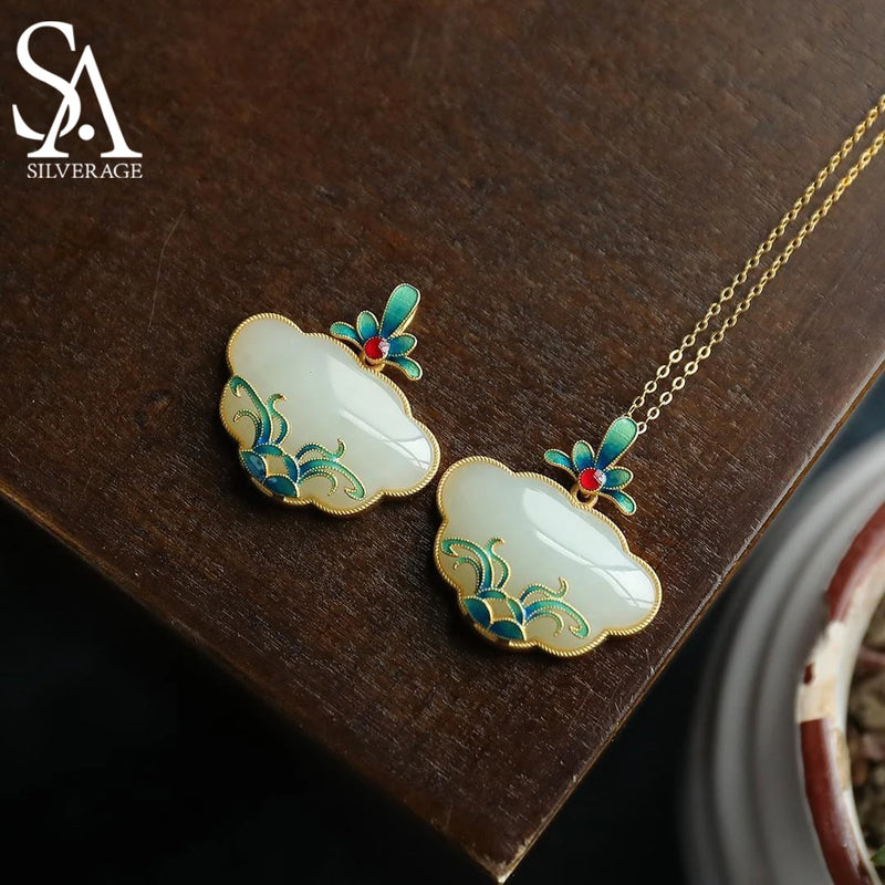 Sterling Silver Magnolia Flower and Hetian Jade Pendant Ruyi Necklace