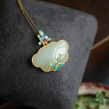 Sterling Silver Magnolia Flower and Hetian Jade Pendant Ruyi Necklace