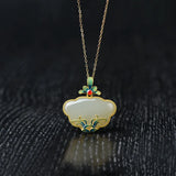 Sterling Silver Magnolia Flower and Hetian Jade Pendant Ruyi Necklace